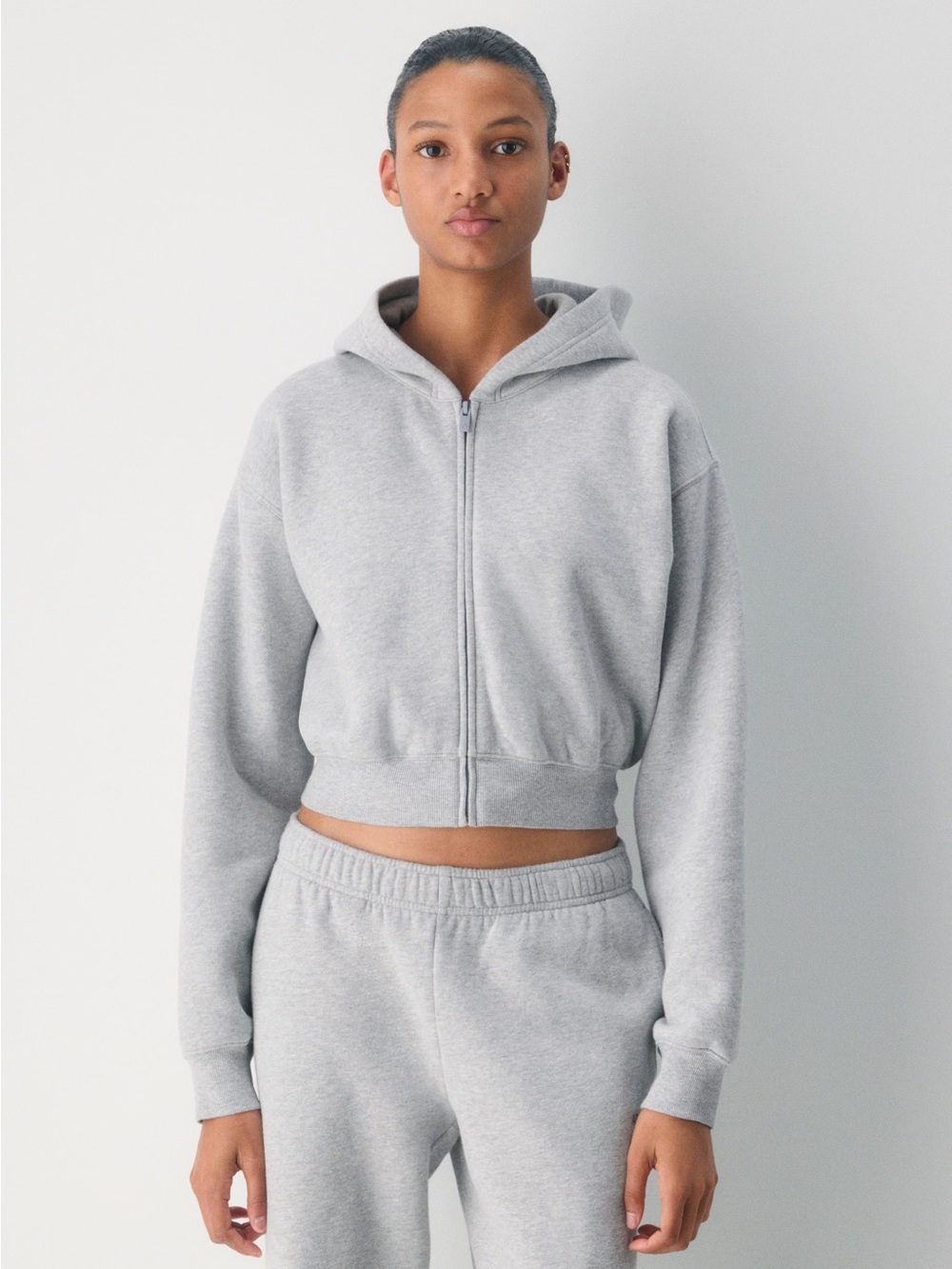 Aritzia Cozy Sweatfleece Perfect Crop Zip Hoodie Heather Gray